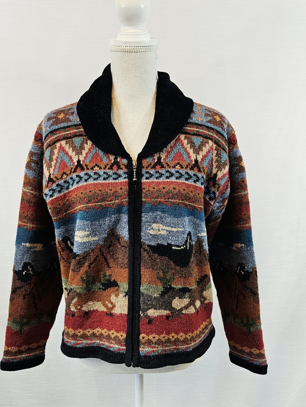 Vintage Icelandic Design Southwest Desert Horse Wool-Blend Zip Up Sweater